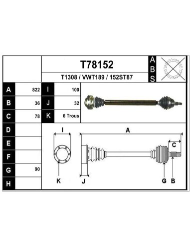 Cardan droit avec ABS pour boite automatique Audi Seat Skoda Volkswagen